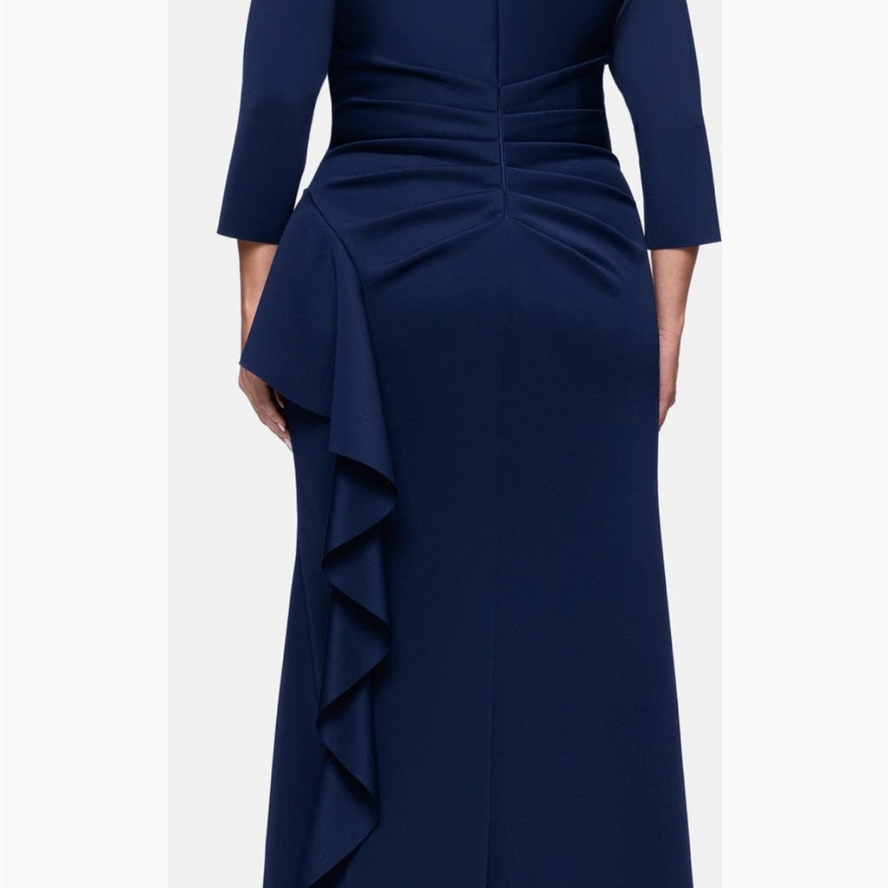 Xscape Navy Blue Long Sleeve Ruffle Evening Gown - Picture 5 of 9